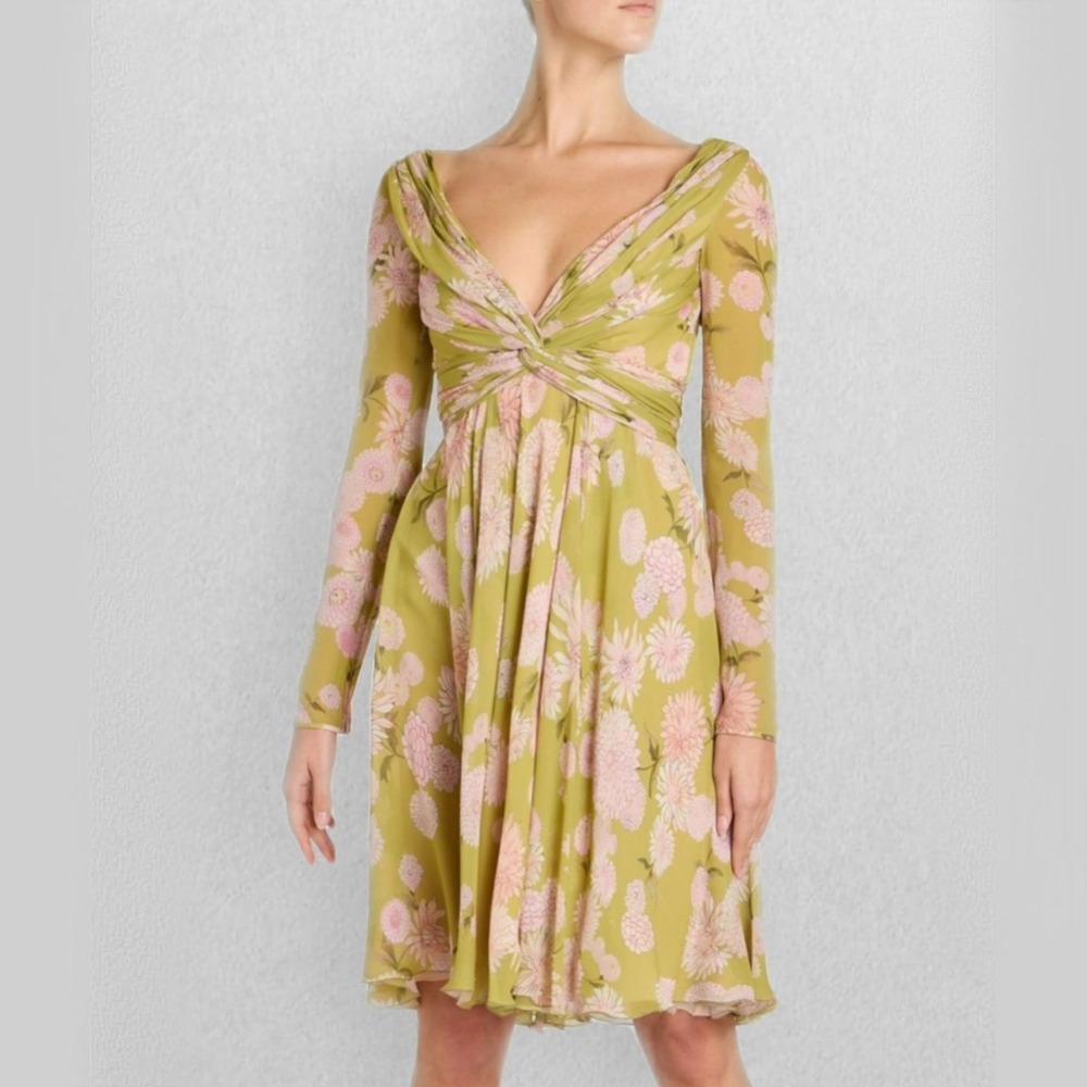 Giambattista Valli Paris Floral Silk Long Sleeve Twist Mini Dress US Size 0 NEW